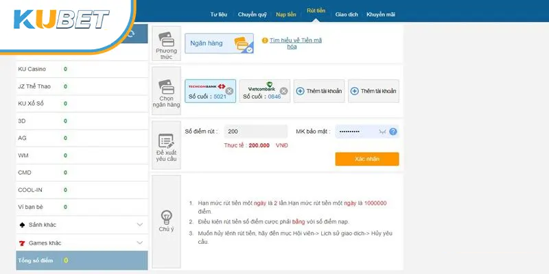 Cách rút tiền Kubet về ngân hàng